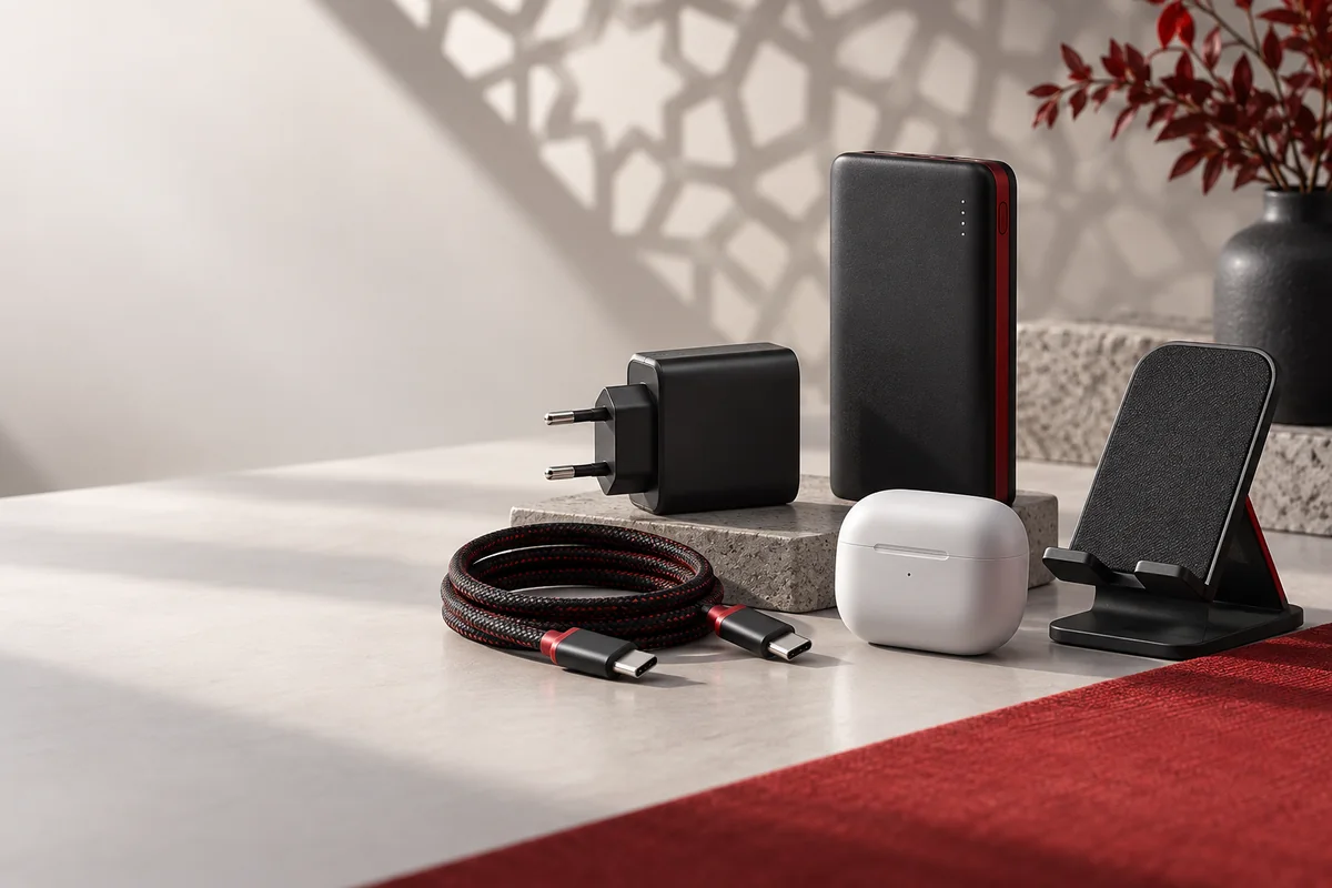 Mobile charger, USB-C cable, power bank, earbuds and phone stand arranged for Spinghar buying guides