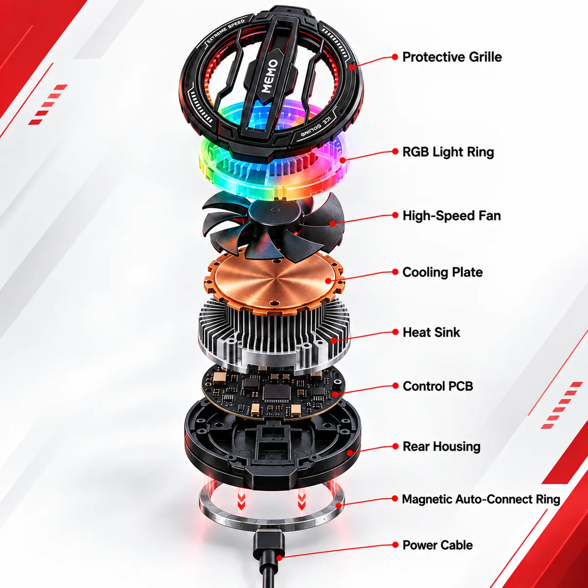 Magnetic Mobile Cooling Fan exploded component view